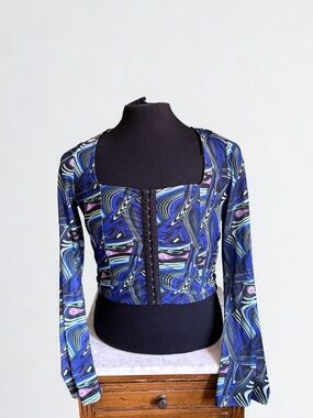 Noisy May Blue Psychedelic Corset Top 🌀 Long Sleeve Mesh Top